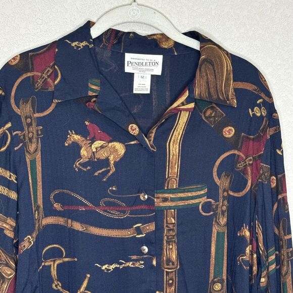Pendleton Shirt Womens 12 Petite Navy Equestrian Horse Bridle Print 100% Rayon - Picture 3 of 6